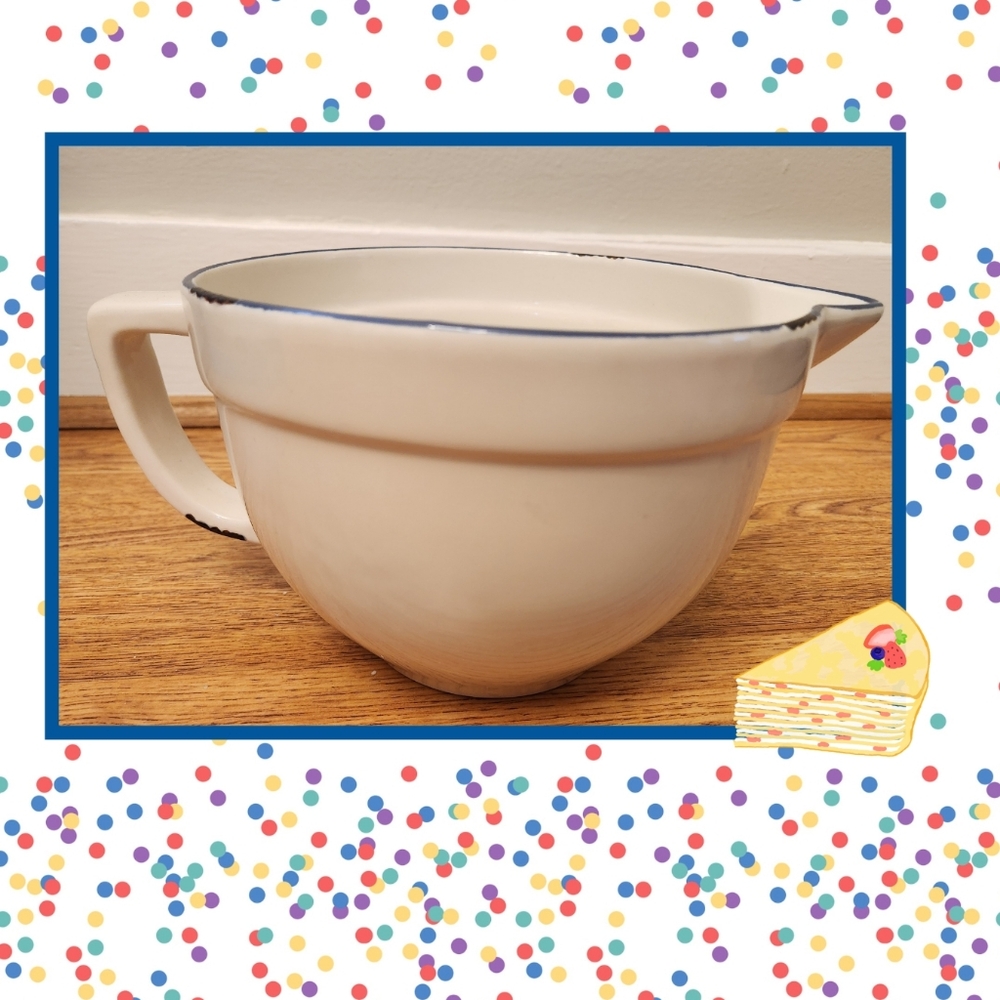 At Home AmericaCerqmic  Batter Pitcher Bowl, Cream With Blue Rim